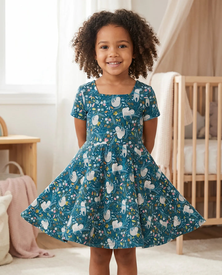 Midnight Sloth Garden Bamboo Twirl Dress