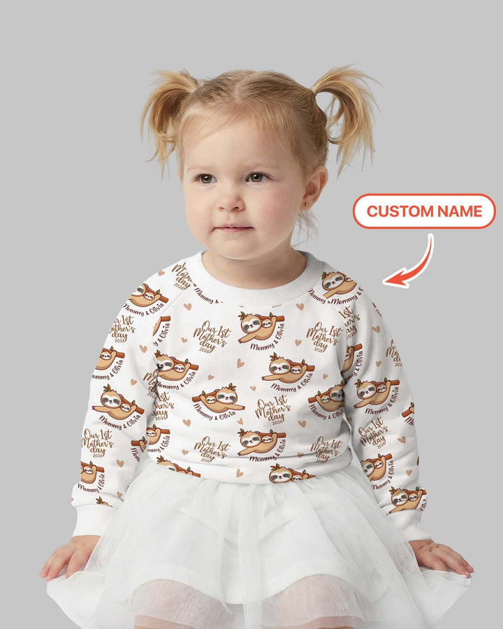Custom Name Mama & Baby Sloth – Our First Mother’s Day 2026 Bamboo Crewneck Sweatshirt