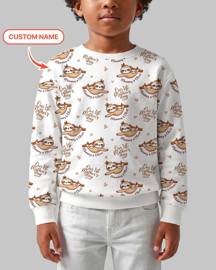 Custom Name Mama & Baby Sloth – Our First Mother’s Day 2026 Bamboo Crewneck Sweatshirt