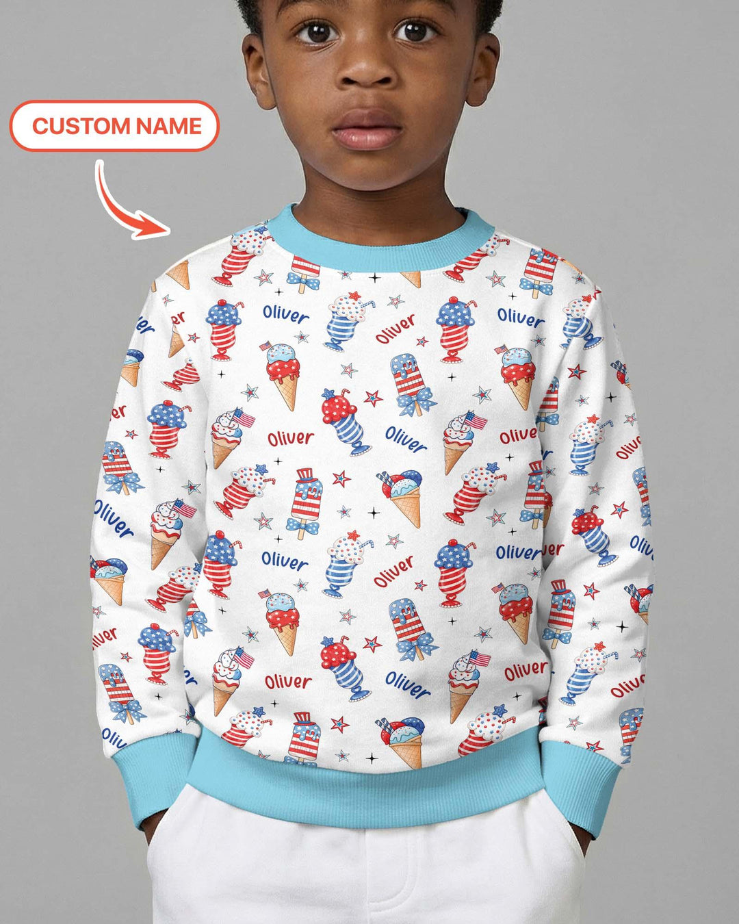 Custom Name Red, White & Ice Cream Bamboo Crewneck Sweatshirt