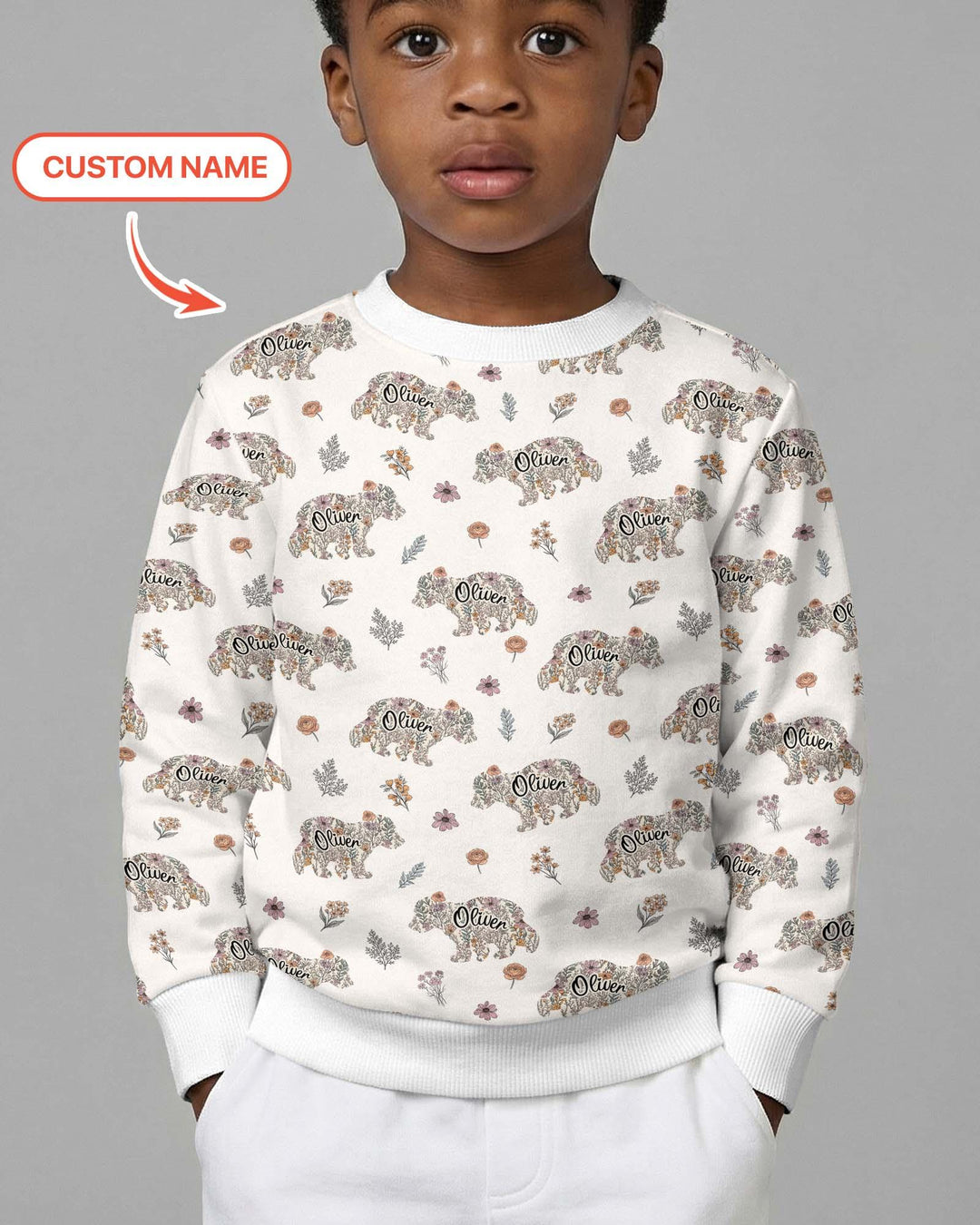 Custom Name Floral Bear Family Matching Bamboo Crewneck Sweatshirt