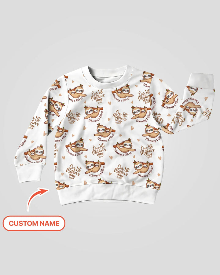 Custom Name Mama & Baby Sloth – Our First Mother’s Day 2026 Bamboo Crewneck Sweatshirt