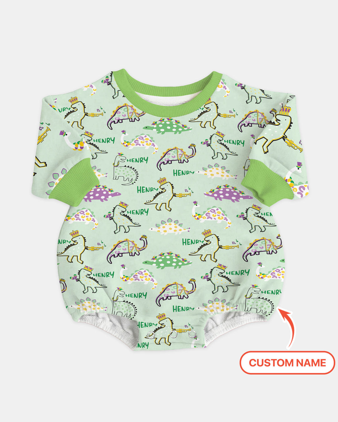Custom Name Mardi Gras Saurus Bubble Romper