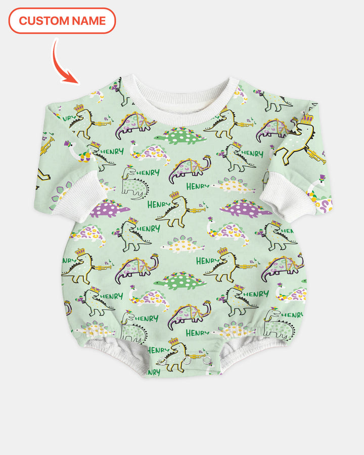Custom Name Mardi Gras Saurus Bubble Romper