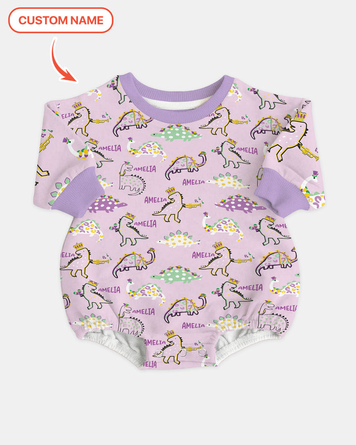 Custom Name Mardi Gras Saurus Bubble Romper