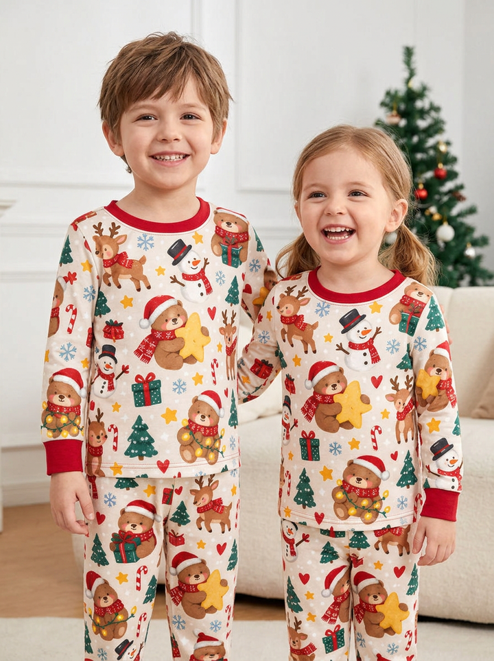 Teddy Bears Hugging Christmas Bamboo Two Piece Long Sleeve Pajama Set