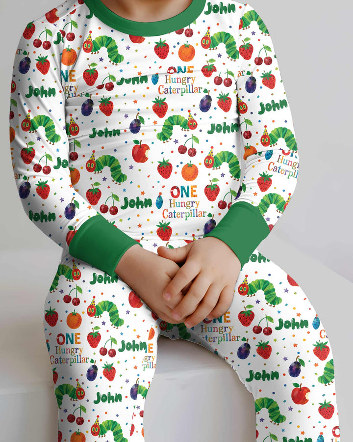Custom Name And Age Hungry Caterpillar Bamboo Two Piece Long Sleeve Pajama Set