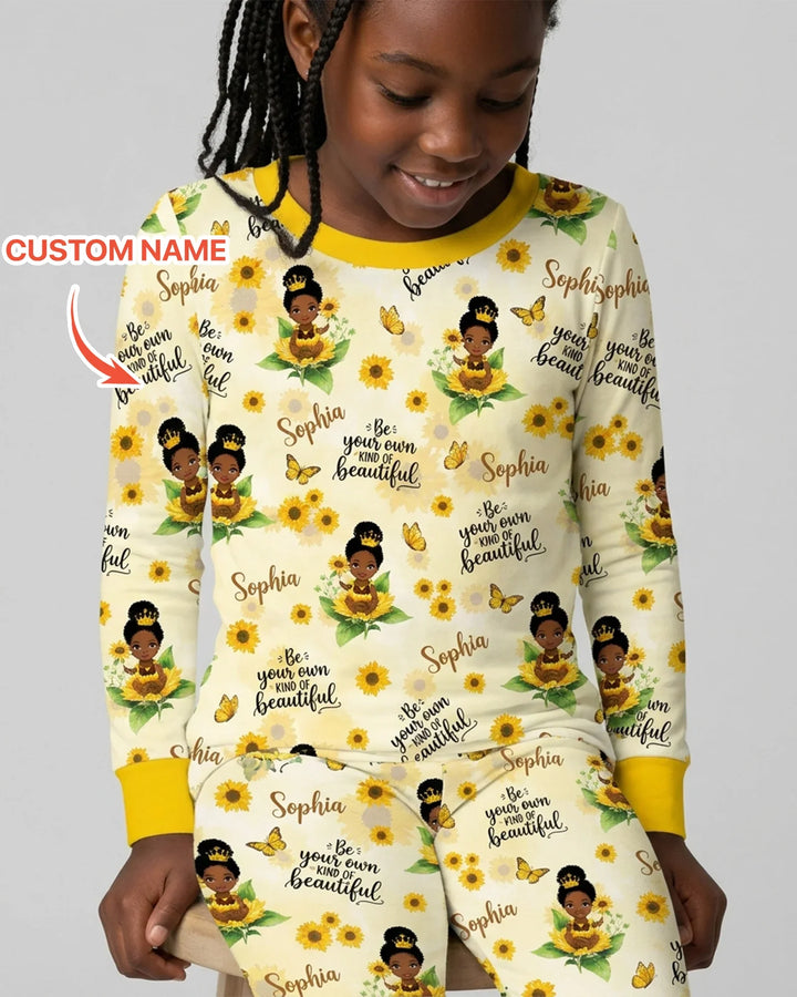 Custom Name Sunflower Queen Bamboo Two Piece Long Sleeve Pajama Set