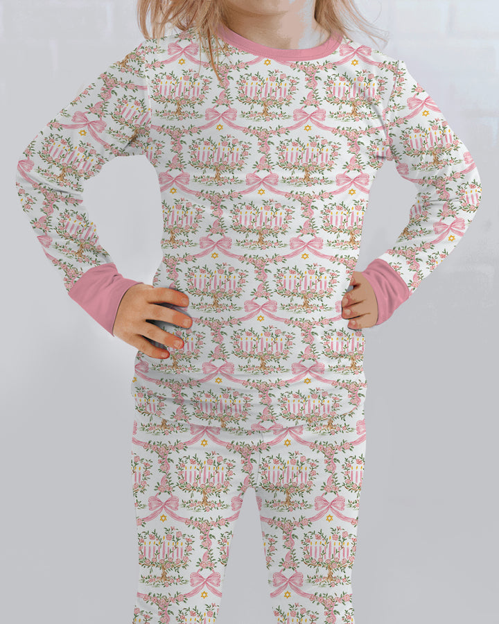 Cute Bow Hanukkah Menorah Bamboo Two Piece Long Sleeve Pajama Set