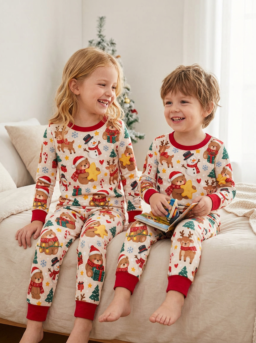 Teddy Bears Hugging Christmas Bamboo Two Piece Long Sleeve Pajama Set