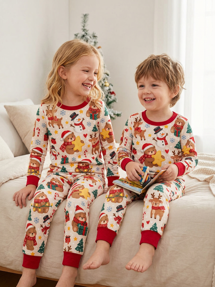 Teddy Bears Hugging Christmas Bamboo Two Piece Long Sleeve Pajama Set