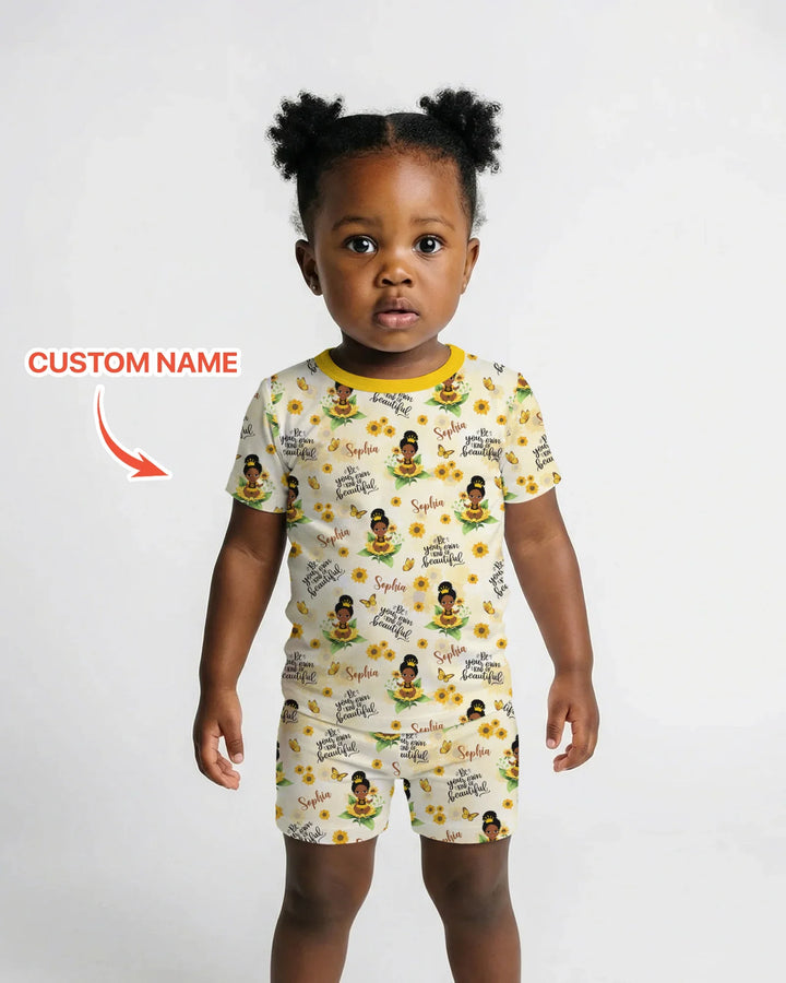 Custom Name Sunflower Queen Bamboo Two Piece Short Sleeve Shorts Pajama Set
