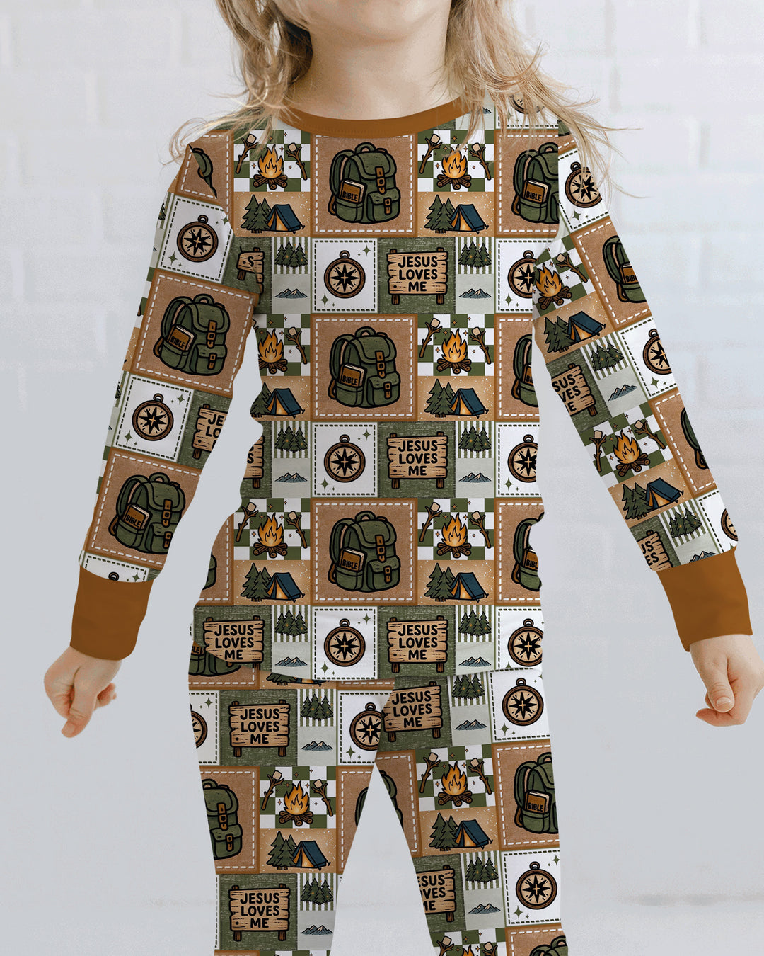Camping Jesus Loves Me Bamboo Two Piece Long Sleeve Pajama Set