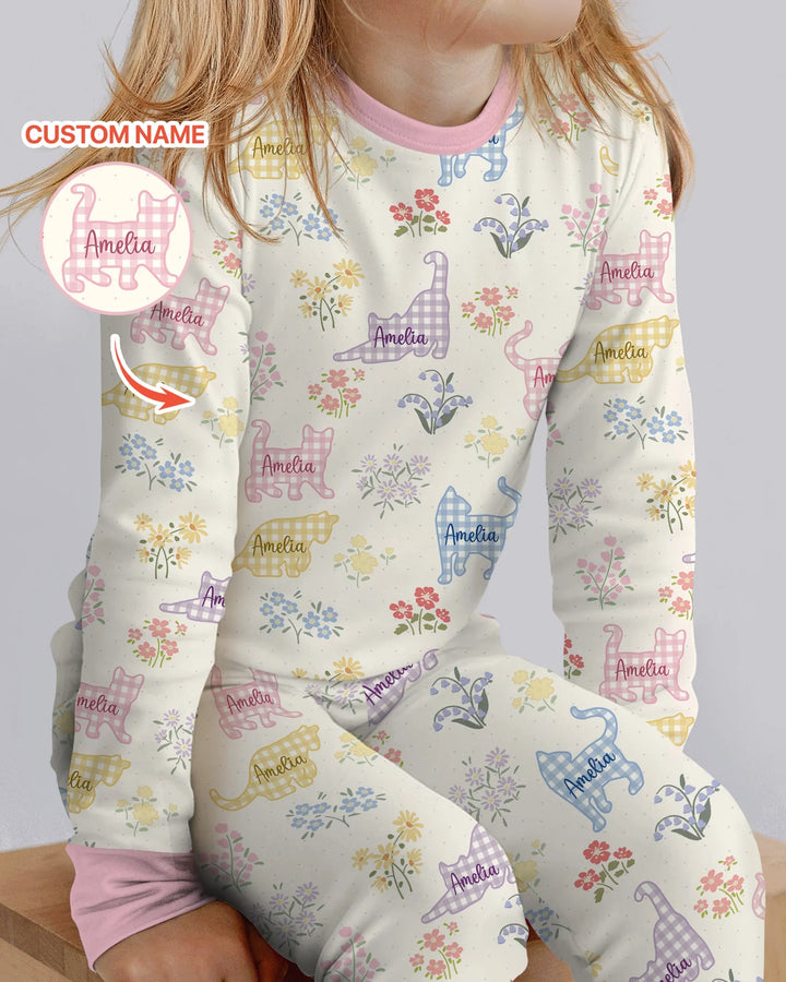 Gingham Cats Custom Name Bamboo Two Piece Long Sleeve Pajama Set