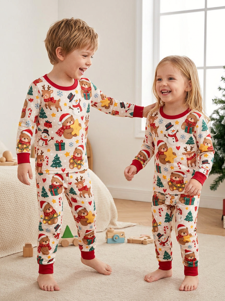 Teddy Bears Hugging Christmas Bamboo Two Piece Long Sleeve Pajama Set