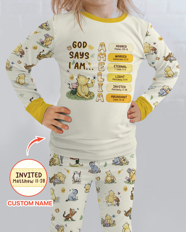 Personalized God Says I Am – Beloved Bear Bamboo Two Piece Long Sleeve Pajama Set