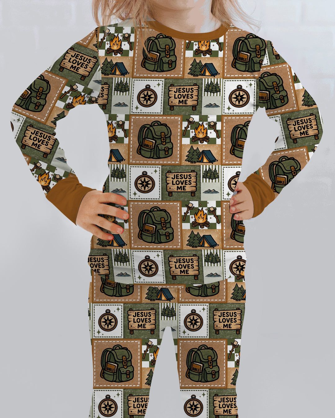 Camping Jesus Loves Me Bamboo Two Piece Long Sleeve Pajama Set