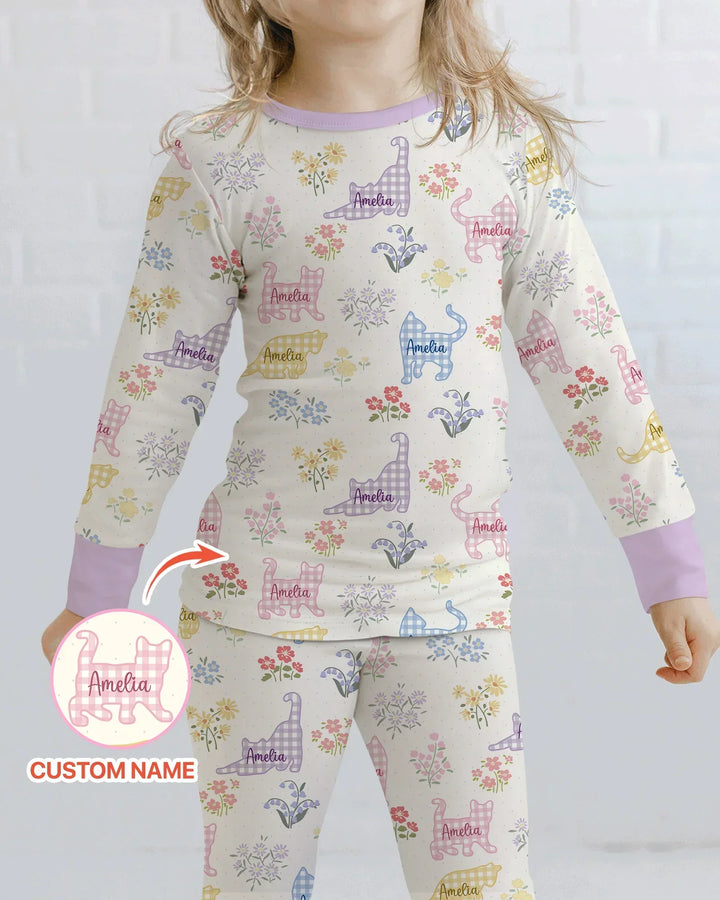 Gingham Cats Custom Name Bamboo Two Piece Long Sleeve Pajama Set