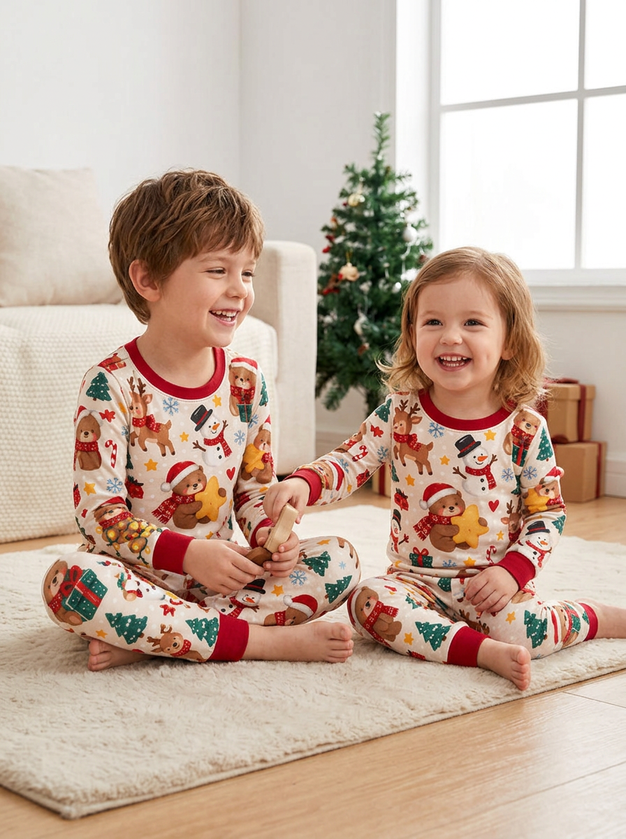 Teddy Bears Hugging Christmas Bamboo Two Piece Long Sleeve Pajama Set