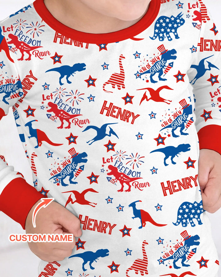 Custom Name Patriotic Dinosaur Bamboo Two Piece Long Sleeve Pajama Set