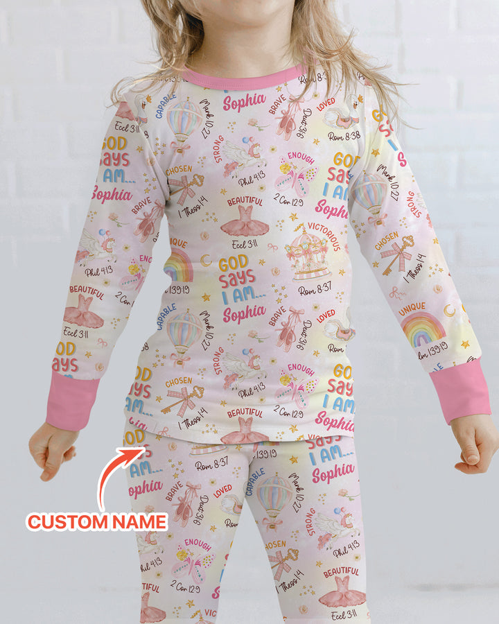 God Says I Am- Ballerina Custom Name Bamboo Two Piece Long Sleeve Pajama Set