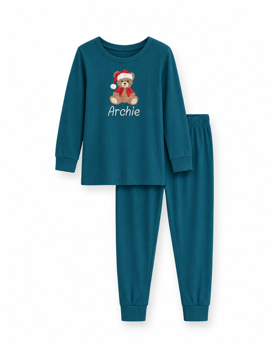 Cute Teddy Santa Embroidered Ribbed Bamboo Two Piece Long Sleeve Pajama Set