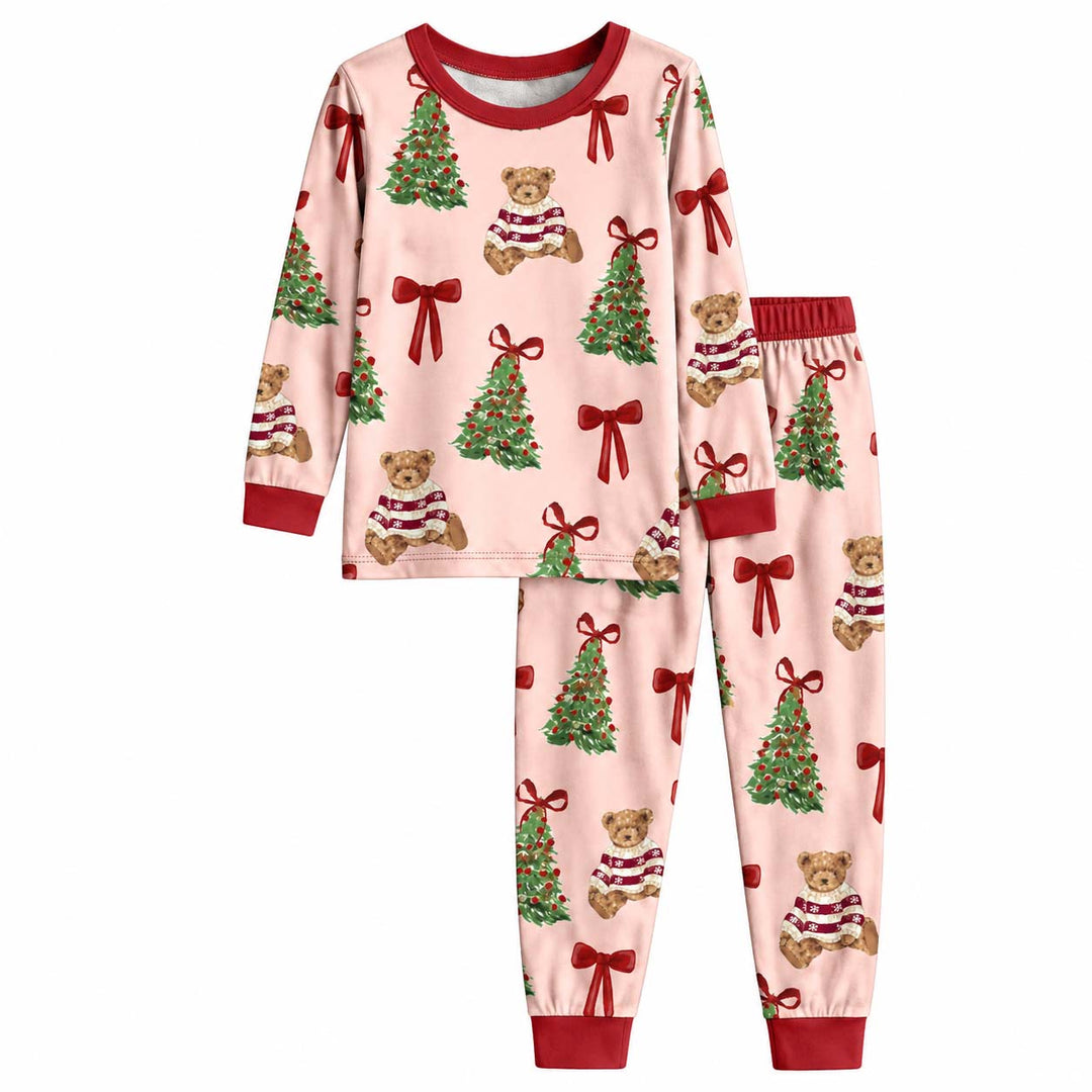 Teddy Bear Christmas Trees and Bows Bamboo Two Piece Long Sleeve Pajama Set