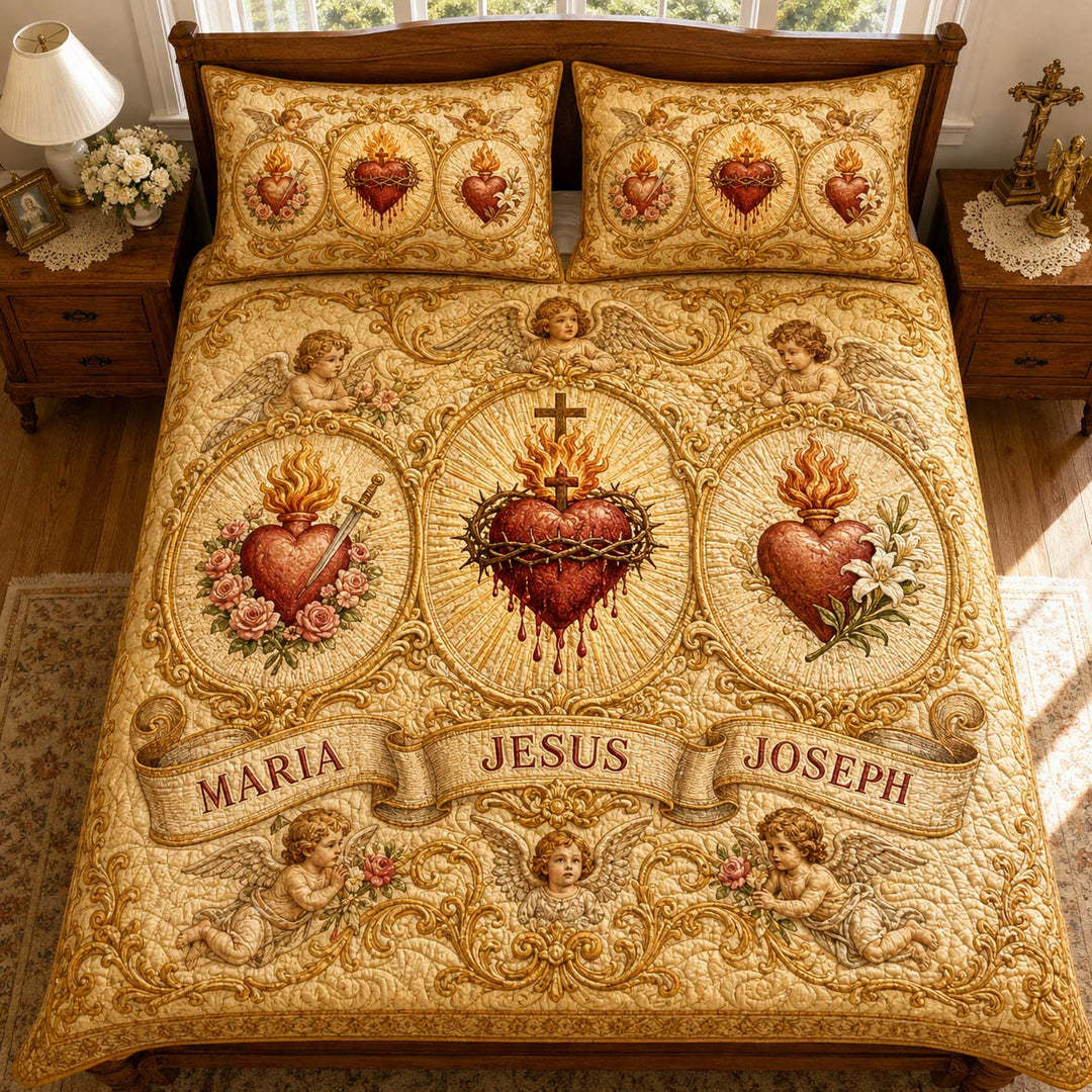 Three Sacred Hearts Holy Family Bamboo Quilt Bedding Set