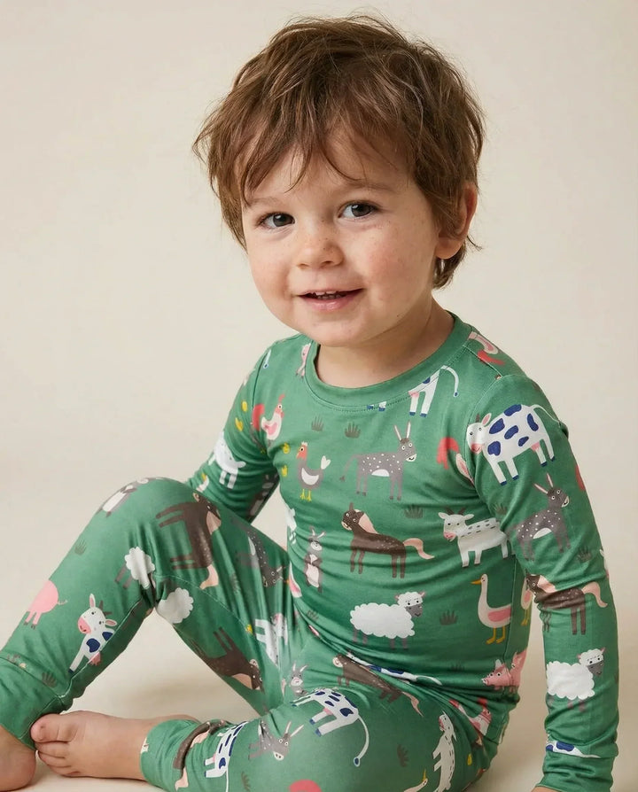 Green Farm Animals Bamboo Two Piece Pajama Set