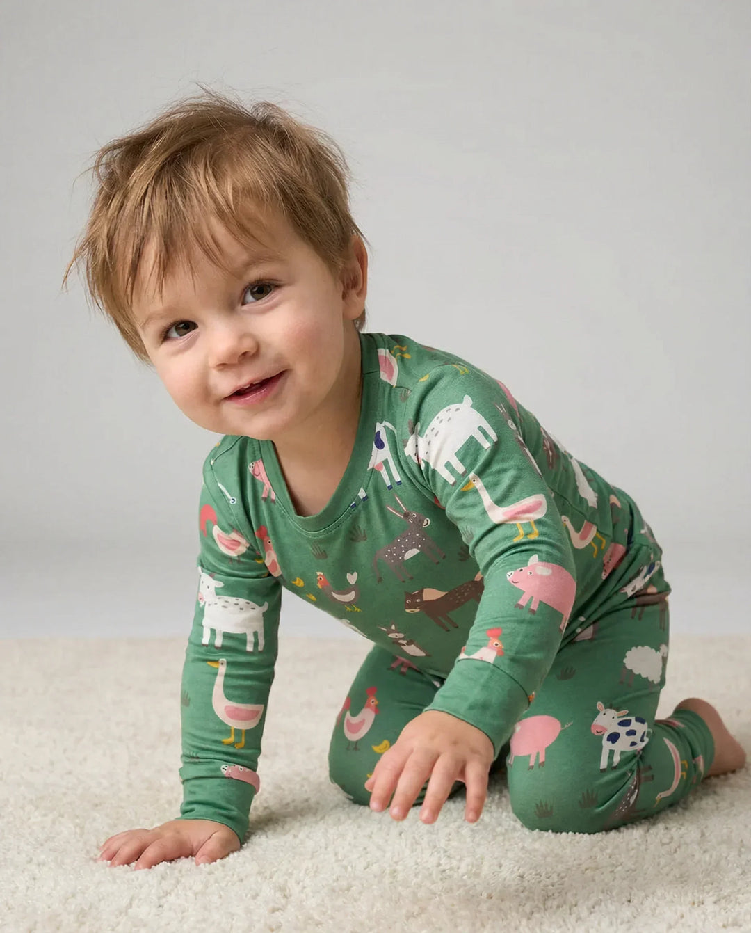 Green Farm Animals Bamboo Two Piece Pajama Set
