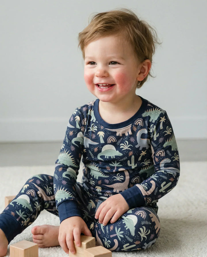 Navy Jurassic Jungle Bamboo Two Piece Pajama Set