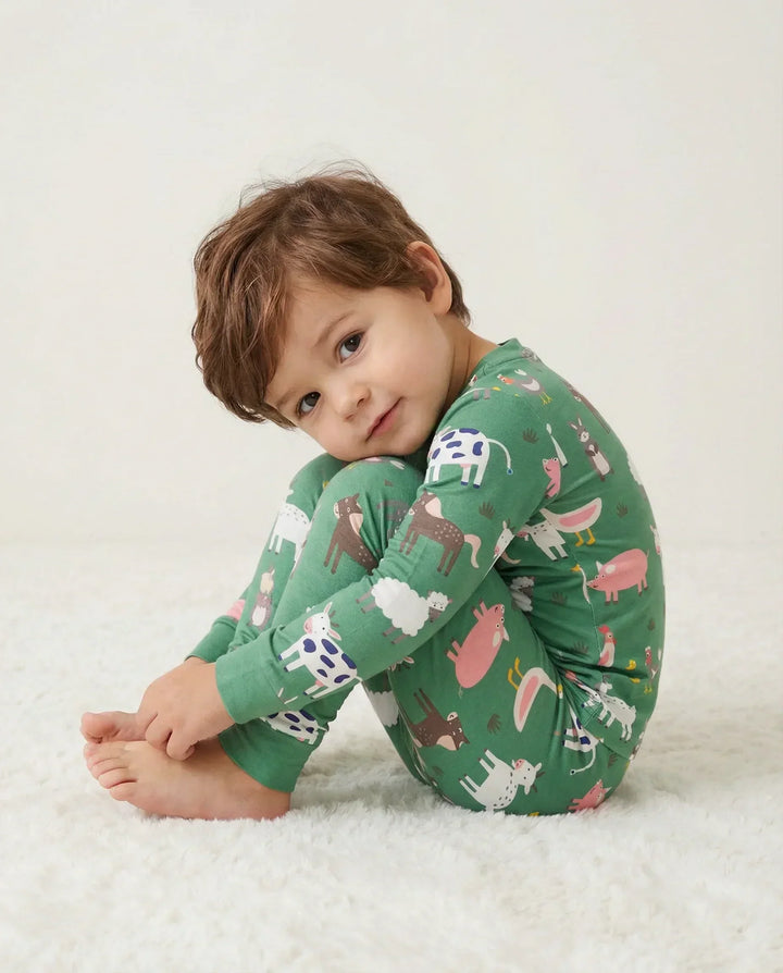 Green Farm Animals Bamboo Two Piece Pajama Set