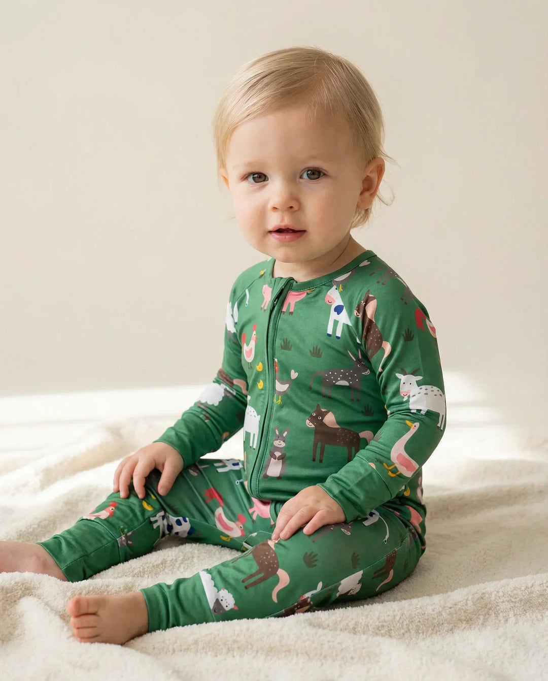 Green Farm Animals Bamboo Convertible Zippered Romper