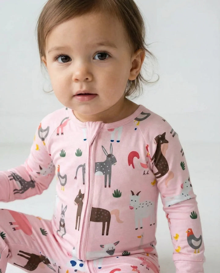 Pink Farm Animals Bamboo Convertible Zippered Romper