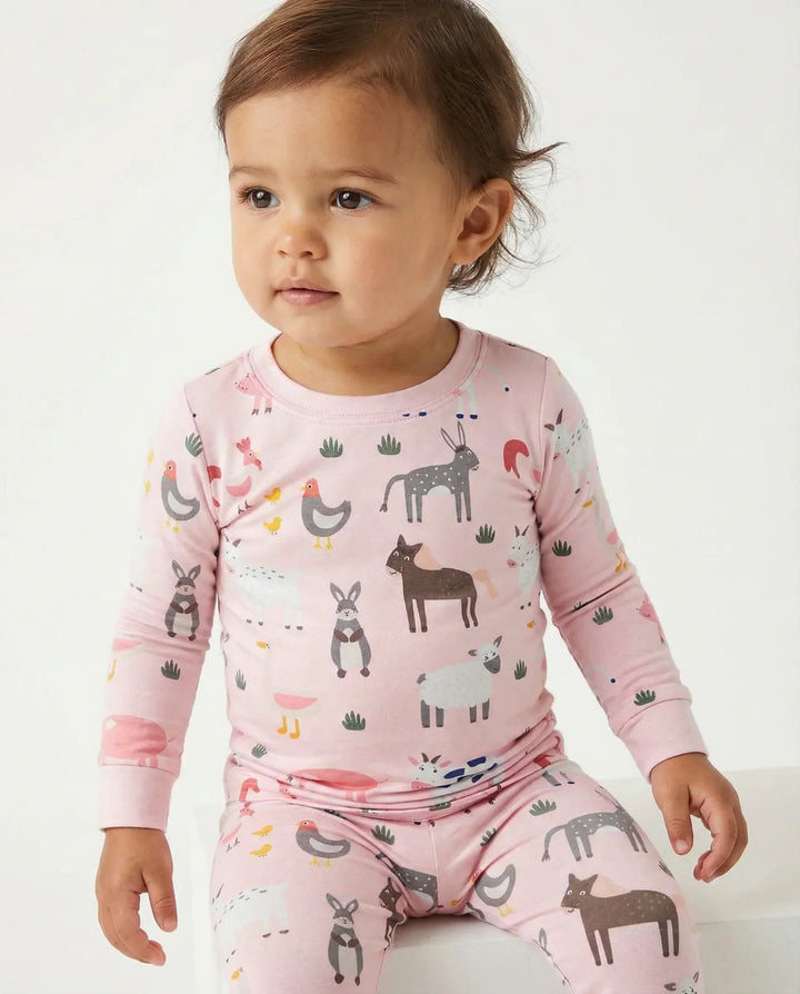 Pink Farm Animals Bamboo Two Piece Pajama Set
