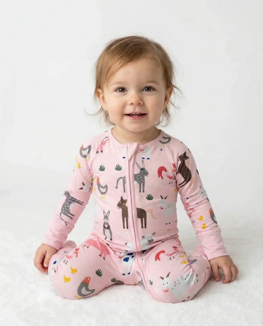 Pink Farm Animals Bamboo Convertible Zippered Romper