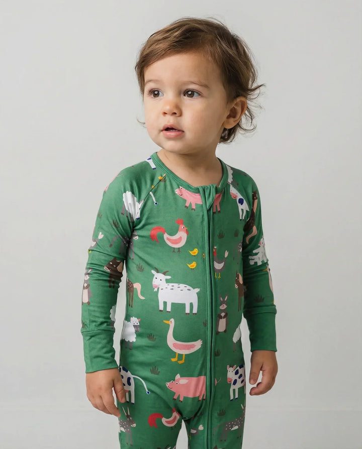 Green Farm Animals Bamboo Convertible Zippered Romper
