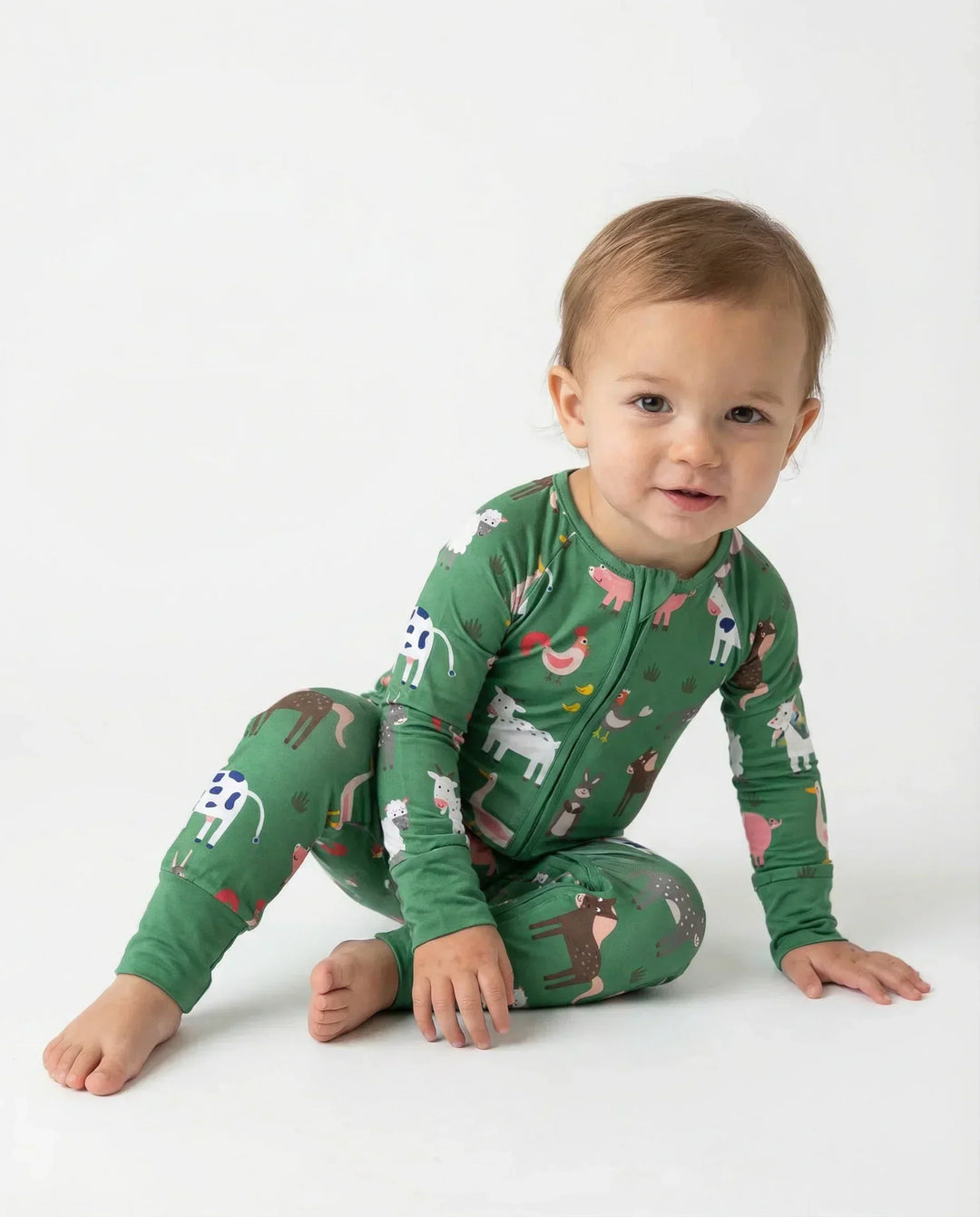 Green Farm Animals Bamboo Convertible Zippered Romper