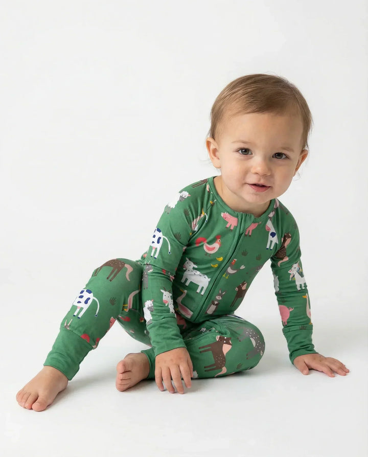 Green Farm Animals Bamboo Convertible Zippered Romper