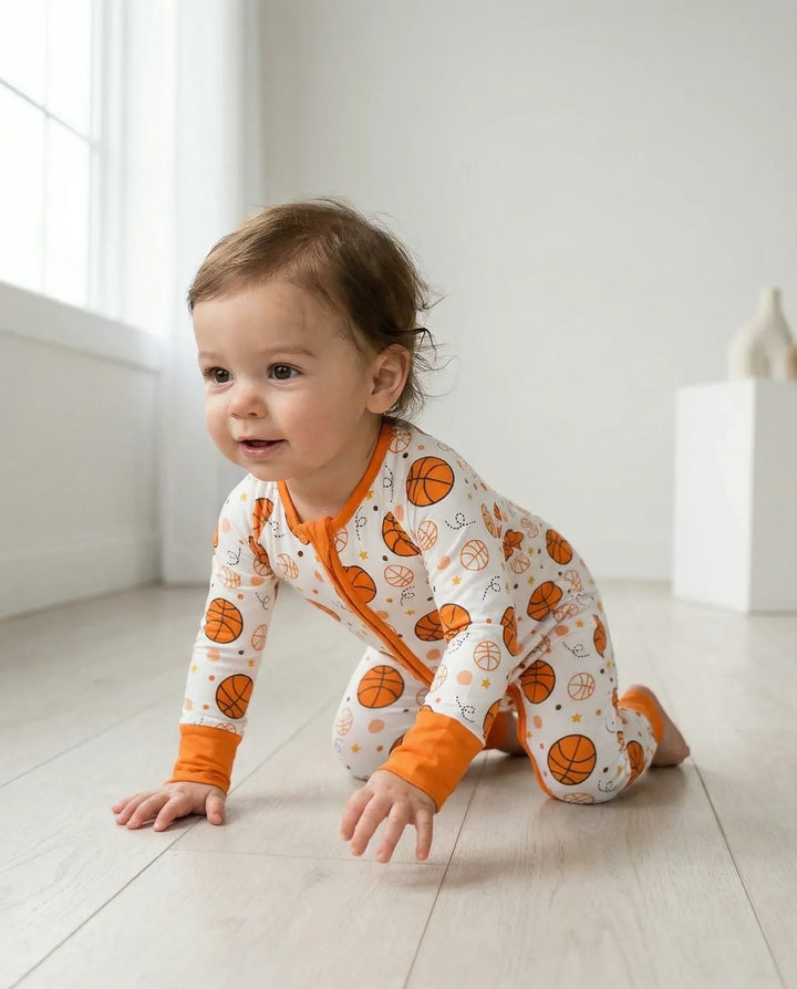 Orange Basketball Bamboo Convertible Zippered Romper