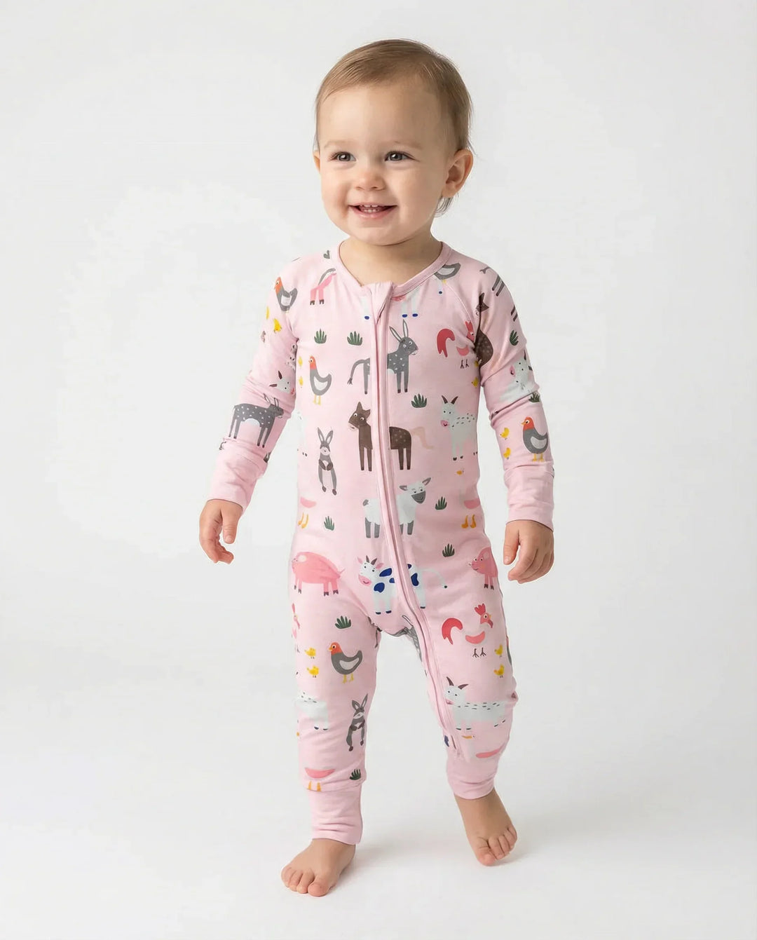 Pink Farm Animals Bamboo Convertible Zippered Romper