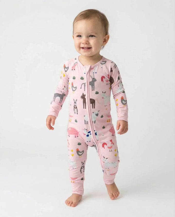 Pink Farm Animals Bamboo Convertible Zippered Romper