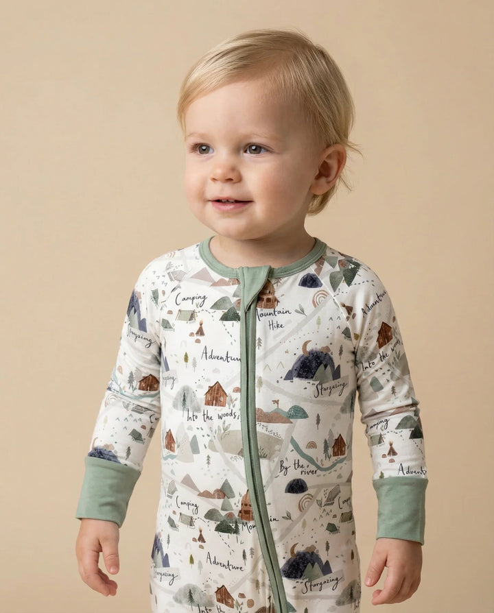Camping Route Map Bamboo Convertible Zippered Romper