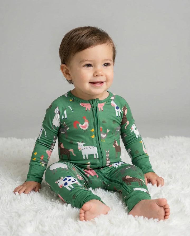 Green Farm Animals Bamboo Convertible Zippered Romper