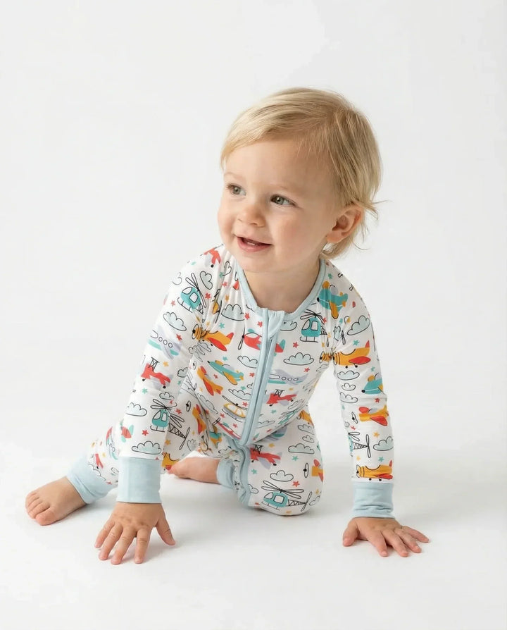 Airplanes and Helicopters Bamboo Convertible Zippered Romper