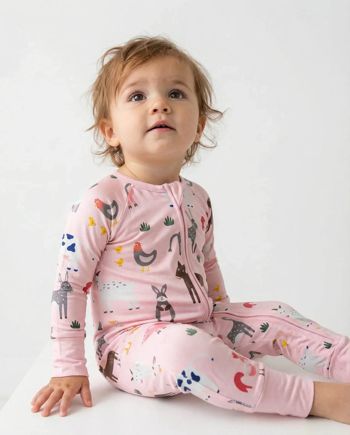 Pink Farm Animals Bamboo Convertible Zippered Romper