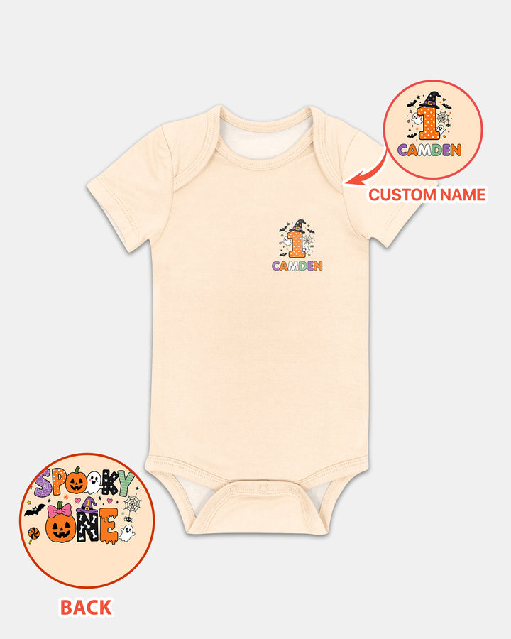 Personalized Name 1st Halloween Pumpkin Ghost Spooky One Birthday Bamboo Bodysuit