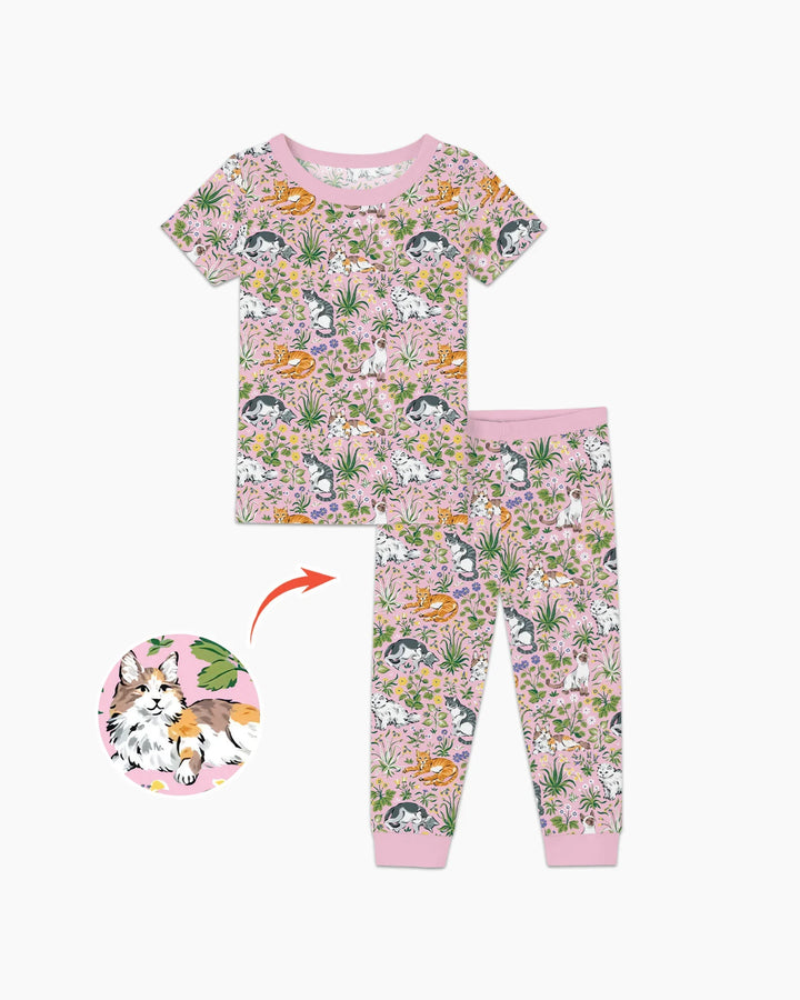 Conjunto de pijama de dos piezas de bambú de manga corta a juego para la familia Kitten Garden