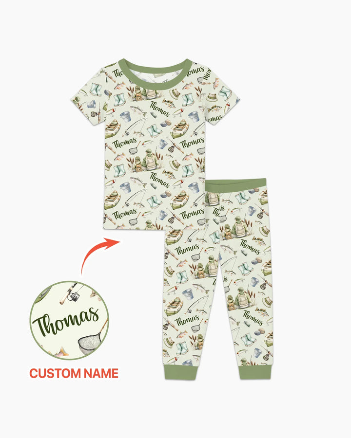 Custom Name Fishing Day Daddy & Me Matching Bamboo Two Piece Short Sleeve Pajama Set