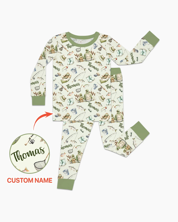 Custom Name Fishing Day Daddy & Me Matching Bamboo Two Piece Long Sleeve Pajama Set
